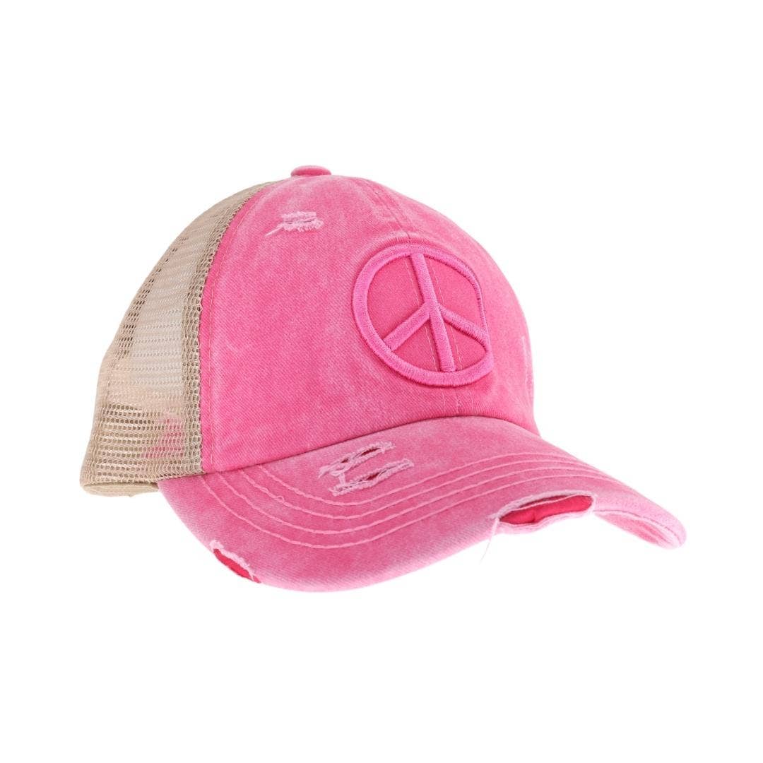 Distressed Embroidered Peace Sign Criss Cross High Pony C.C