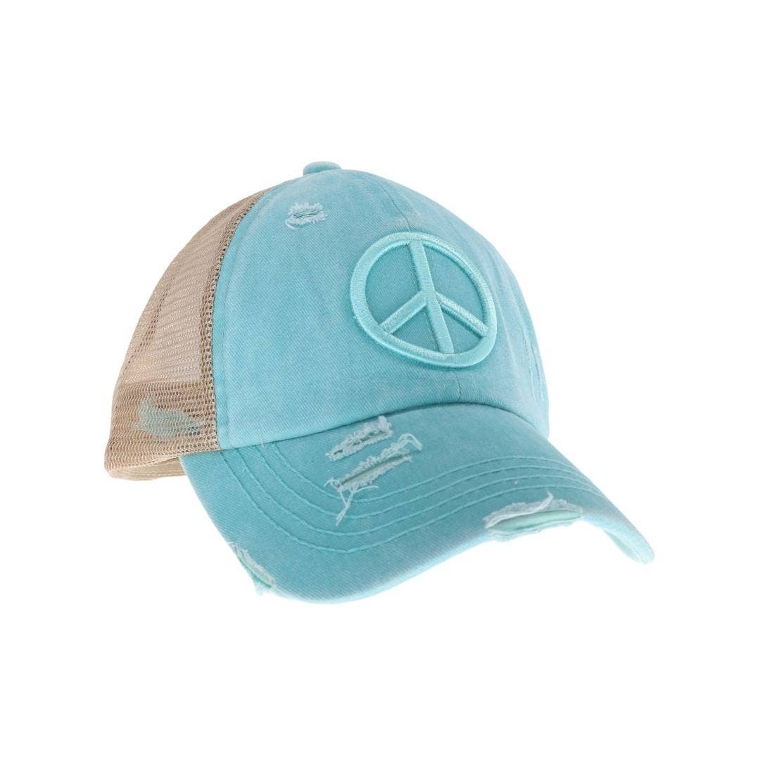 Distressed Embroidered Peace Sign Criss Cross High Pony C.C