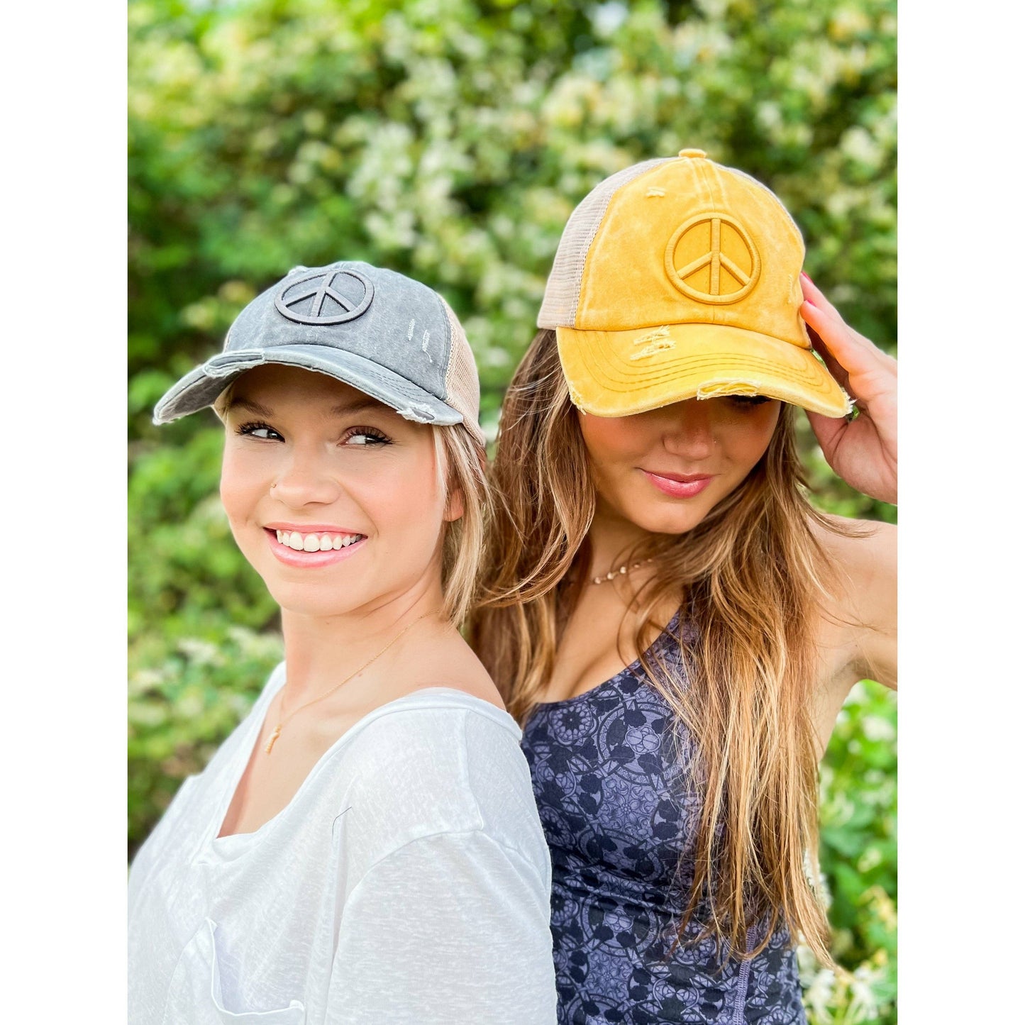 Distressed Embroidered Peace Sign Criss Cross High Pony C.C