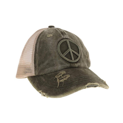 Distressed Embroidered Peace Sign Criss Cross High Pony C.C