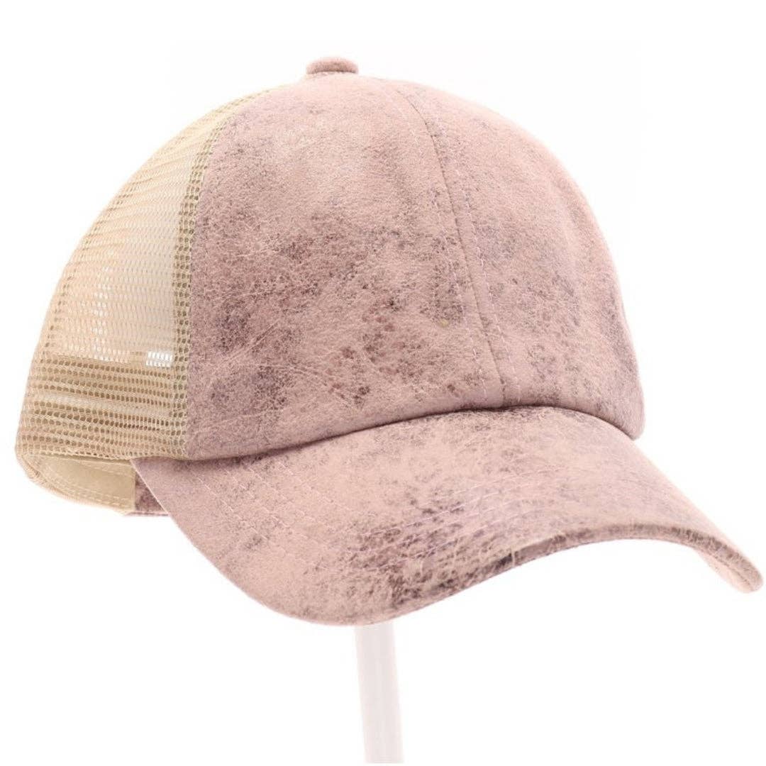Vintage Faux Leather Criss-Cross High Pony Ball Cap BT923