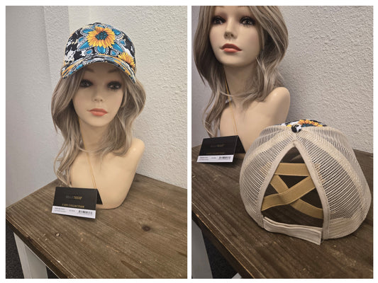 Kristi's Sunflower Cow Print Ponytail Hat - Ladies Baseball Cap